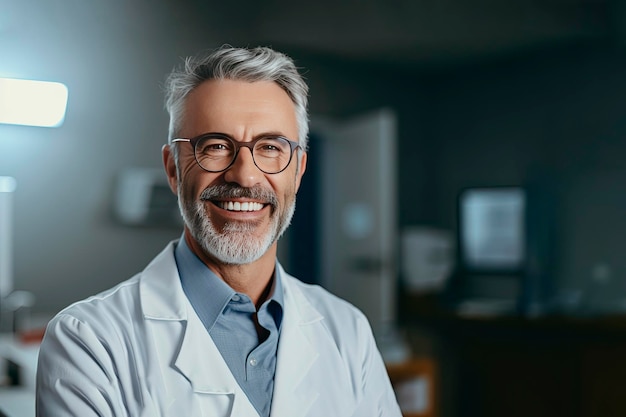 Portret dojrzałego lekarza uśmiechającego się do kamery Wygenerowane przez sztuczną inteligencję