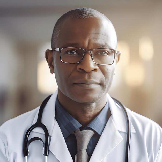 Portret dojrzałego lekarza w białym płaszczu stojącego w korytarzu szpitala