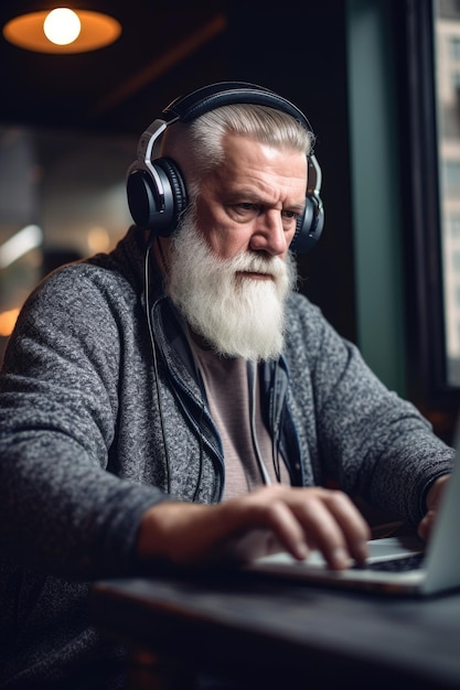 Portret dojrzałego mężczyzny korzystającego ze słuchawek podczas pracy na laptopie