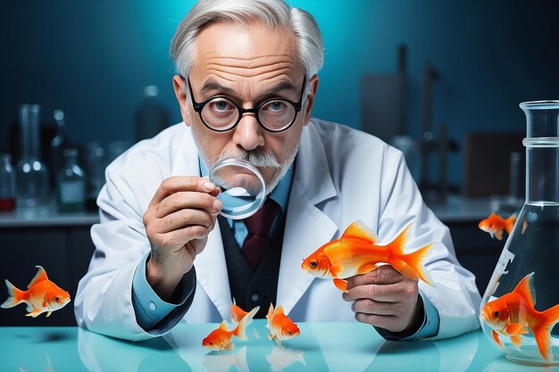 Zdjęcie portret dojrzałego naukowca trzymającego szkło powiększające złotej rybki badawczej w pobliżu probówki w laboratorium