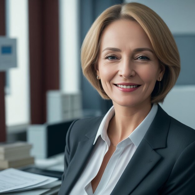 Zdjęcie portret dojrzałej bizneswoman w biurze w miejscu pracy kobieta uśmiecha się i patrzy na dokumenty