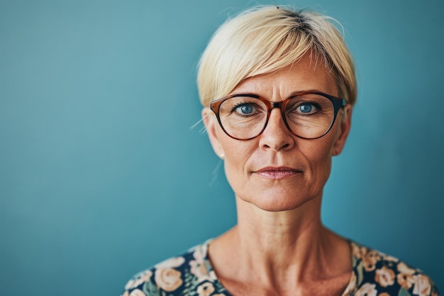 Portret dojrzałej kobiety w okularach na niebieskim tle