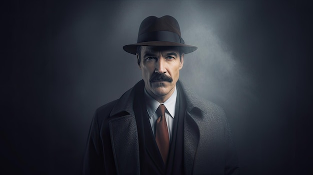 Portret dorosłego mężczyzny z wąsami w kapeluszu i płaszczu z rondem, gęsta mgła, pochmurna pogoda, atrakcyjny męski prywatny detektyw, portret miłego dżentelmena wśród gęstej mgły, generatywna sztuczna inteligencja.