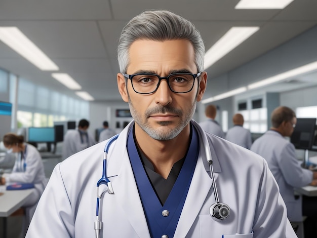 Portret doświadczonego starszego lekarza ze stetoskopem w klinice