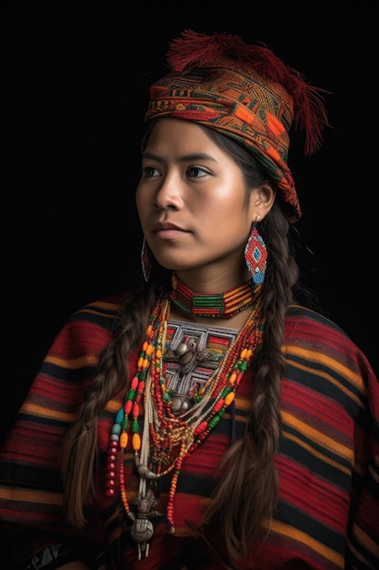 Portret dumnej tubylczej kobiety ubranej w tradycyjny strój