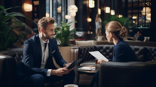 Portret dwóch ludzi biznesu omawiających pracę podczas spotkania w luksusowym lobby hotelowym