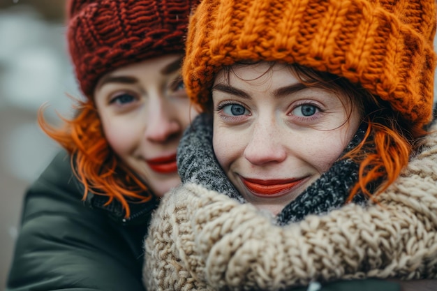Portret dwóch młodych kobiet cieszących się przytulnym zimowym dniem na świeżym powietrzu w ciepłych dzianych kapeluszach i