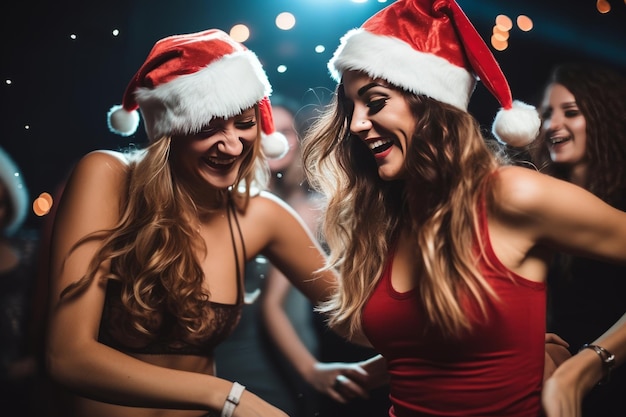 Portret dwóch młodych kobiet tańczących w kapeluszach Mikołaja w klubie nocnym