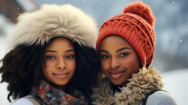 Portret dwóch młodych, pięknych, uśmiechniętych i szczęśliwych afroamerykańskich dziewcząt na tle
