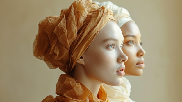 Portret dwóch pięknych młodych dziewcząt w nakryciach głowy na beżowym tle