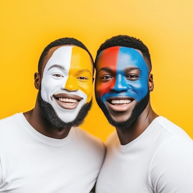Portret dwóch szczęśliwych Afroamerykanów z pomalowanymi twarzami odizolowanymi na żółtym tle