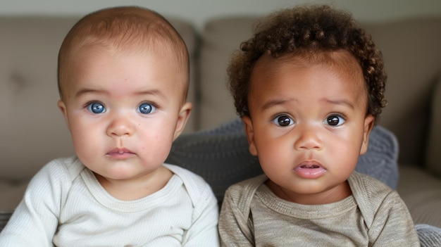Portret dwóch uroczych, różnorodnych niemowląt siedzących razem z ekspresyjnymi oczami i uroczymi strojami