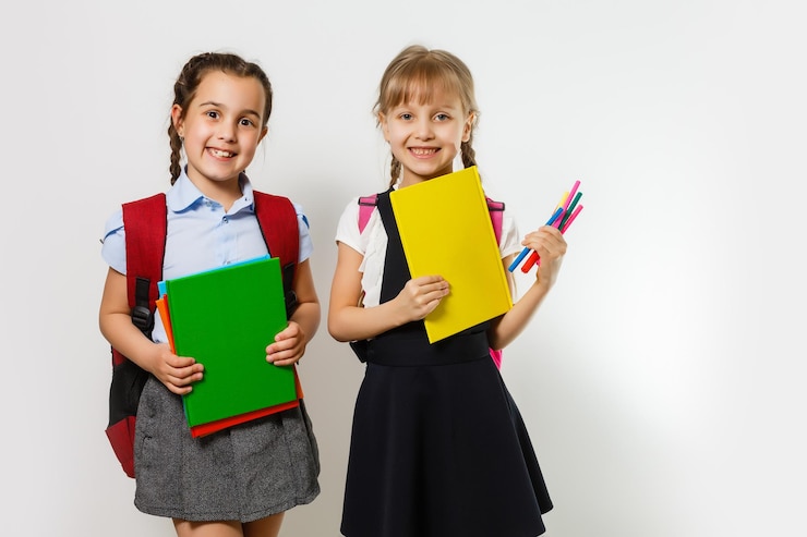 Zdjęcie portret dwojga ludzi ładny ładny uroczy uroczy marzycielski atrakcyjny wesoły pre-teen dziewcząt rodzeństwo pokazujący na bok reklamę promocyjną kopię miejsca na białym tle