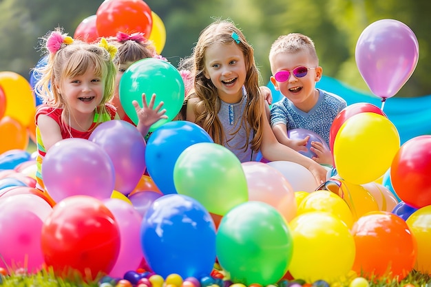 Zdjęcie portret dzieci w energicznej grze w balony