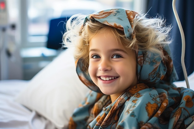 Zdjęcie portret dziecka rasy kaukaskiej cierpiącego na wypadanie włosów w wyniku chemioterapii mającej na celu wyleczenie raka