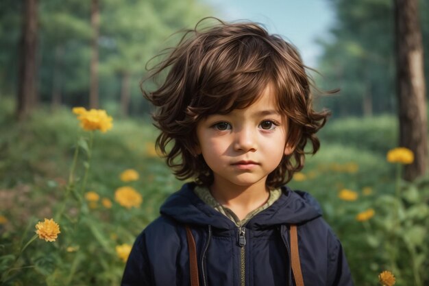 Portret dziecka stojącego w tropikalnym lesie deszczowym Aktywny mały chłopiec patrzący na kamerę z uprzejmością