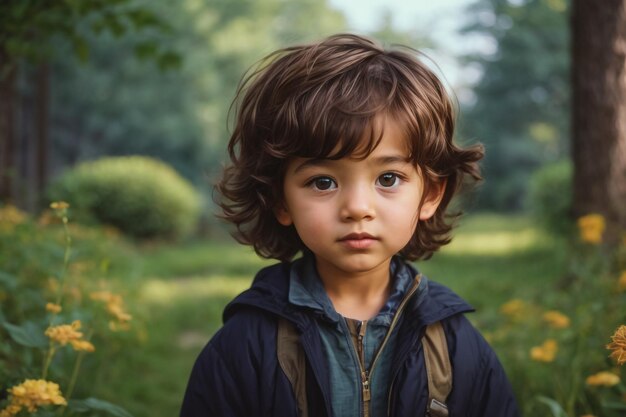 Portret dziecka stojącego w tropikalnym lesie deszczowym Aktywny mały chłopiec patrzący na kamerę z uprzejmością