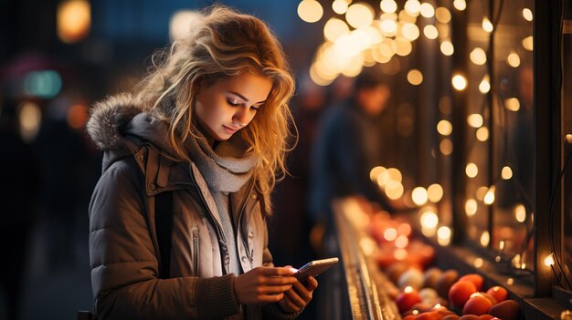 Portret dziewczynki trzymającej telefon Młoda nastolatka patrząca na telefon na zewnątrz