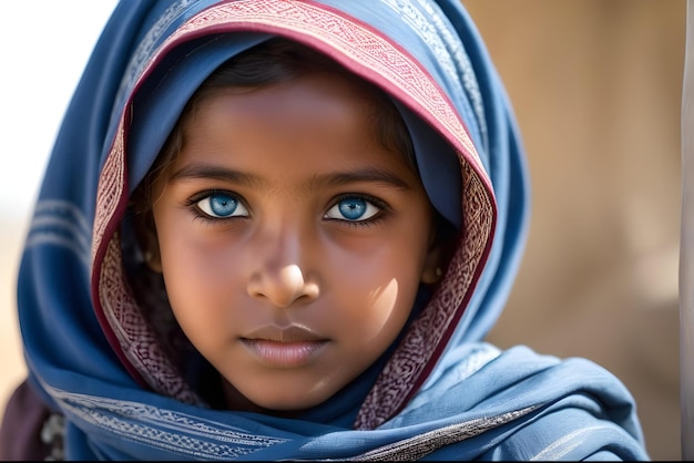 Portret dziewczynki uchodźcy z niebieskimi oczami