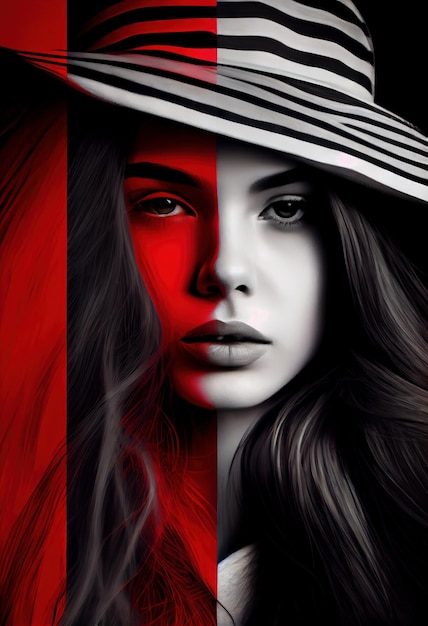 Portret dziewczynki w czerwonym kapeluszu w paski Stworzony przy użyciu technologii generatywnej sztucznej inteligencji