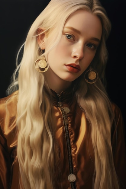 Portret dziewczyny o blond włosach i złotej kurtce.