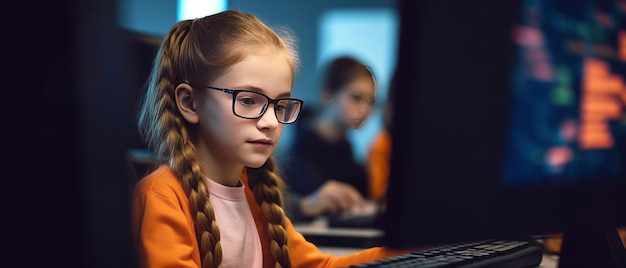 Portret dziewczyny uczącej się kodowania z miękkim, niewyraźnym przyjacielem w laboratorium komputerowym