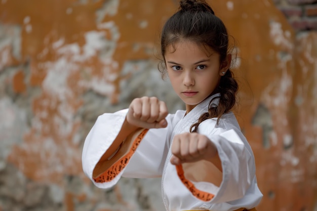 Portret dziewczyny w tradycyjnych ubraniach trenującej doświadczonego wojownika karate w klubie sztuk walki