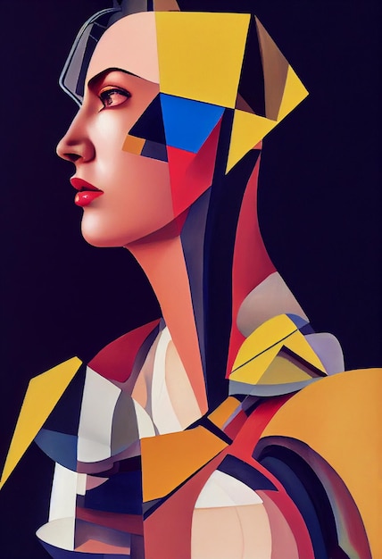 Portret dziewczyny wyraźne pociągnięcia pędzlem widok z przodu symetryczna kompozycja geometryczna