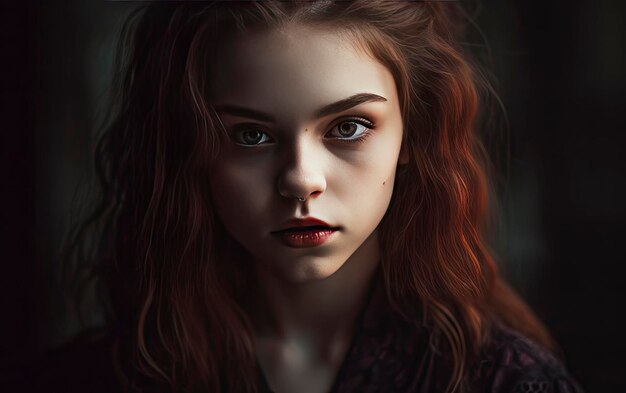portret dziewczyny z długimi włosami i ciemnym tłem.