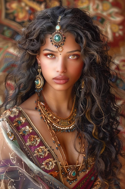 Portret egzotycznej piękności z tradycyjnymi etnicznymi biżuterią i ozdobnym strojem