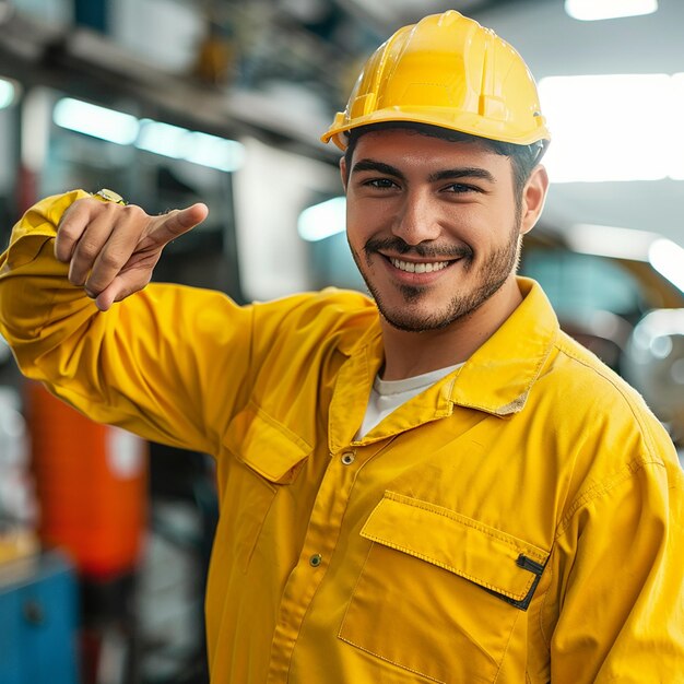 Portret eksperta mechanika w żółtym mundurze wskazujący na bok