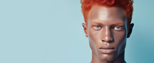 Portret eleganckiego, seksownego, uśmiechniętego afrykańskiego mężczyzny z ciemnymi, idealnymi włosami na jasnoniebieskim tle