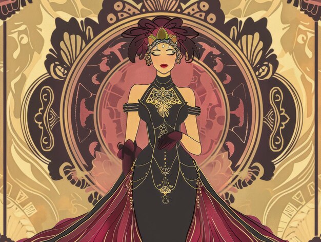 Portret Eleganckiej Kobiety W Stylu Art Nouveau Z Vintage I Kwiatowymi Szczegółami