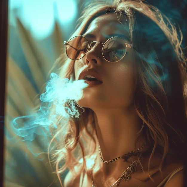 Portret eleganckiej młodej kobiety w okularach elegancko dmuchającej dym w nastrojowej atmosferze.