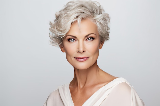 Portret eleganckiej pięknej kobiety w wieku 50 lat Koncepcja pielęgnacji skóry Luksusowa kobieta w średnim wieku z krótką szarą fryzurą patrzy na kamerę
