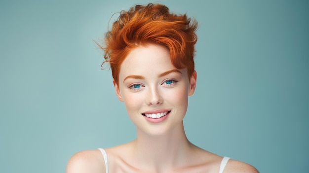 Portret eleganckiej, seksownej, uśmiechniętej kobiety z doskonałą skórą i krótkimi, czerwonymi włosami na jasnoniebieskim tle