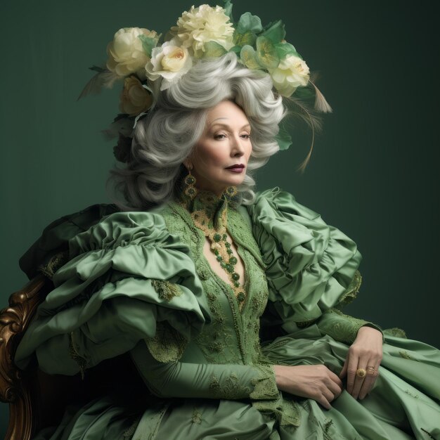 Portret eleganckiej starszej damy inspirowany modą rokoko