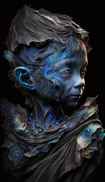 Portret elfiego goblina z półprzezroczystą, płynną jedwabną tkaniną, płynną fantazją lapir lazuli