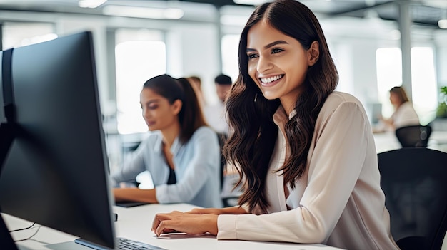Portret entuzjastycznej młodej kobiety pochodzenia hiszpańskiego pracującej na komputerze w nowoczesnym, jasnym biurze Zaufała agentka ds. zasobów ludzkich uśmiecha się szczęśliwie, współpracując online z kolegami