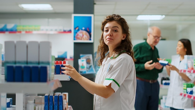 Portret farmaceuty pracujący w kasie drogerii z lekarstwami i pudełkami witamin na półkach. Pracownik medyczny przy stanowisku aptecznym do sprzedaży suplementów i produktów leczniczych. Strzał z ręki.