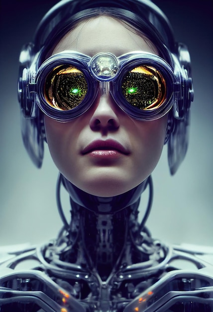 Portret fikcyjnej pięknej cyberpunkowej fashionistki w pięknych cyberpunkowych okularach