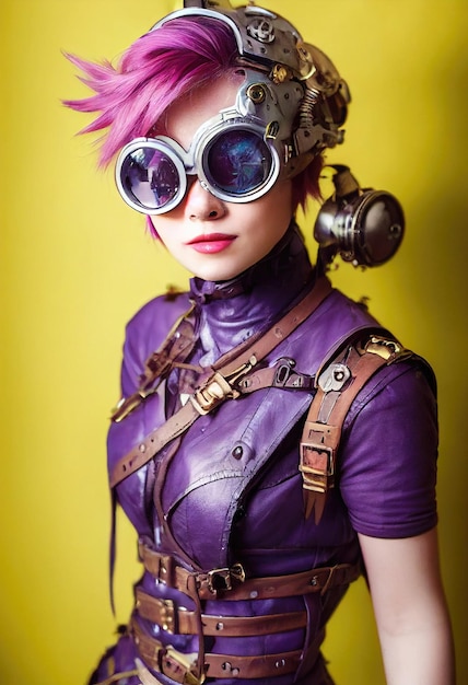 Portret fikcyjnej pięknej steampunkowej dziewczyny z pięknymi włosami i steampunkowymi okularami