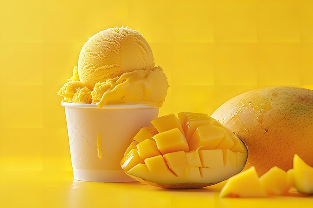 Portret filiżanki lody z mango na czystym, miękkim żółtym tle z dużą przestrzenią i mango umieszczonym wokół niego Generatywny AI