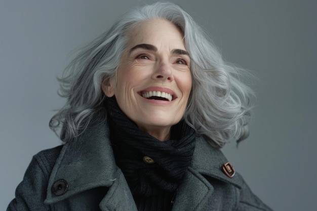 portret fotograficzny pięknej starszej starszej kobiety z szarymi włosami śmiejącą się i uśmiechającą się