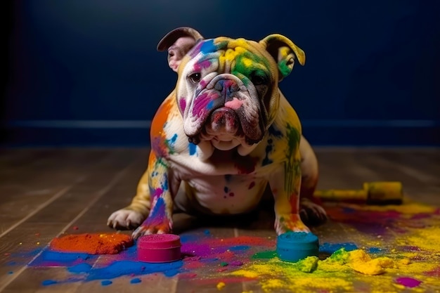 Portret francuskiego buldoga pokrytego farbą Zabawny zabawny pies Generatywna sztuczna inteligencja