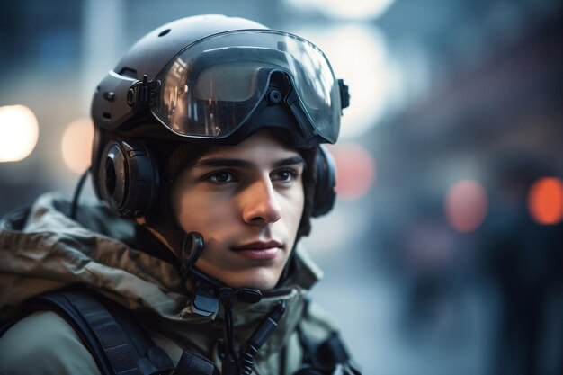 Portret futurystycznego uzbrojonego żołnierza i niewyraźne tło generatywne ai