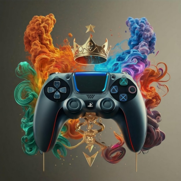 Zdjęcie portret gamepada w stylu tapety ozdobiony kolorowymi światłami lub kolorowym dymem