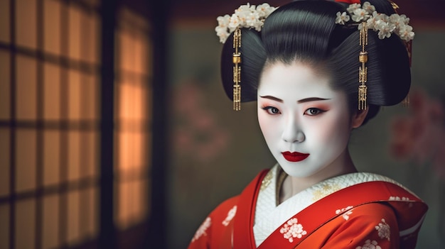 Zdjęcie portret gejszy maiko w generatywnej sztucznej inteligencji gion