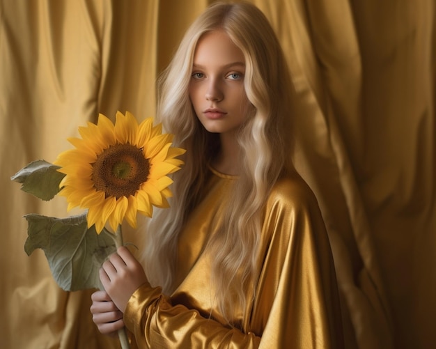 Portret generatywny AI pięknej blondynki z żółtym kwiatem gerbery z bliska