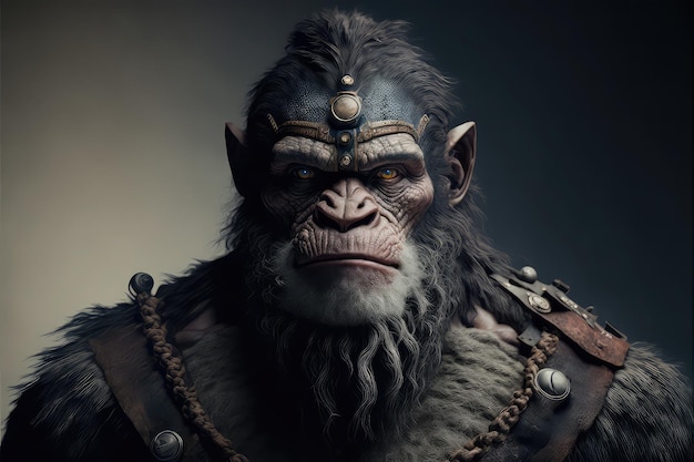 Portret głęboko wyglądającej małpy-wojownika stworzony za pomocą technologii generatywnej AI.